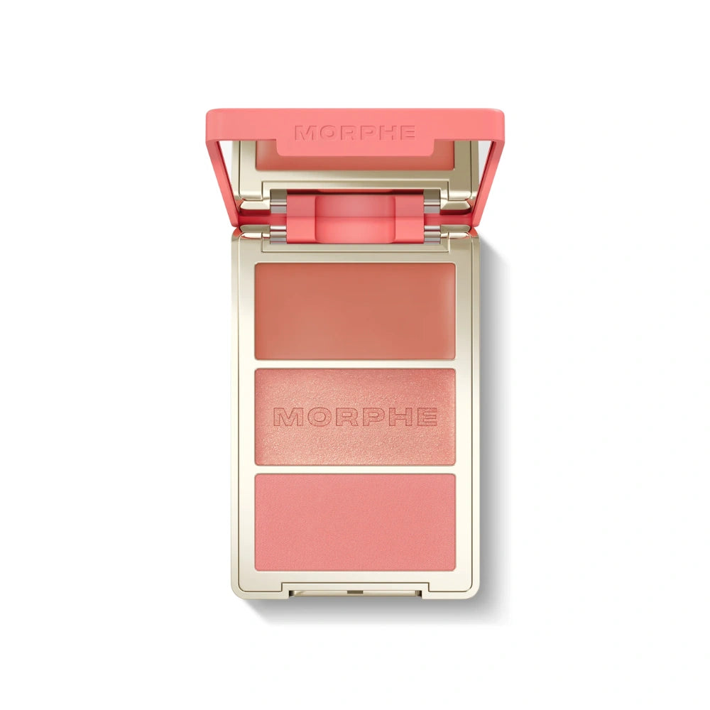 Morphe Cheek Thrills Multi-Finish Face Trio Beach Bonfire - Coral Peach Blush Trio with Satin Cream, Luminous Balm, and Velvet Powder