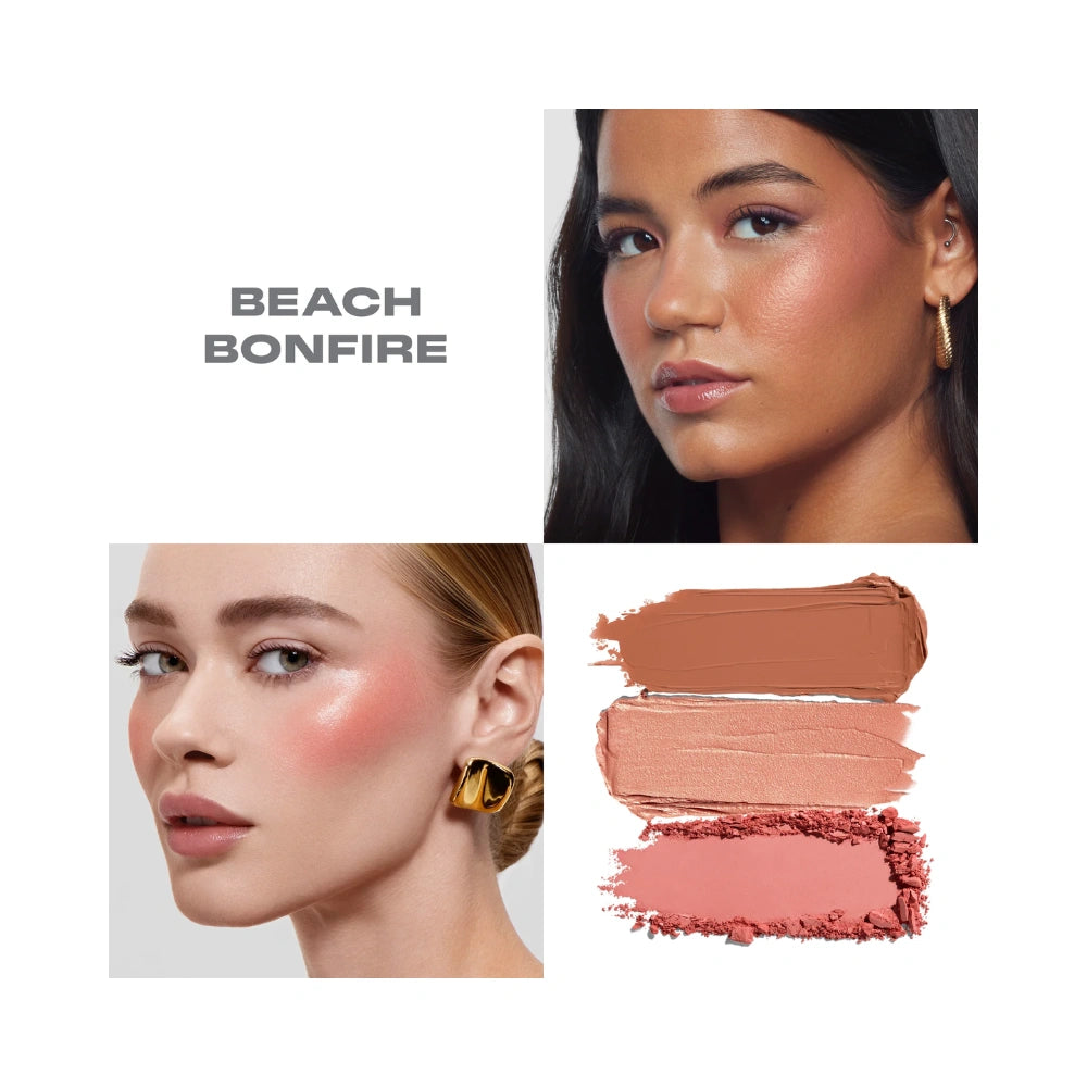 Morphe Cheek Thrills Multi-Finish Face Trio Beach Bonfire - Coral Peach Blush Trio with Satin Cream, Luminous Balm, and Velvet Powder